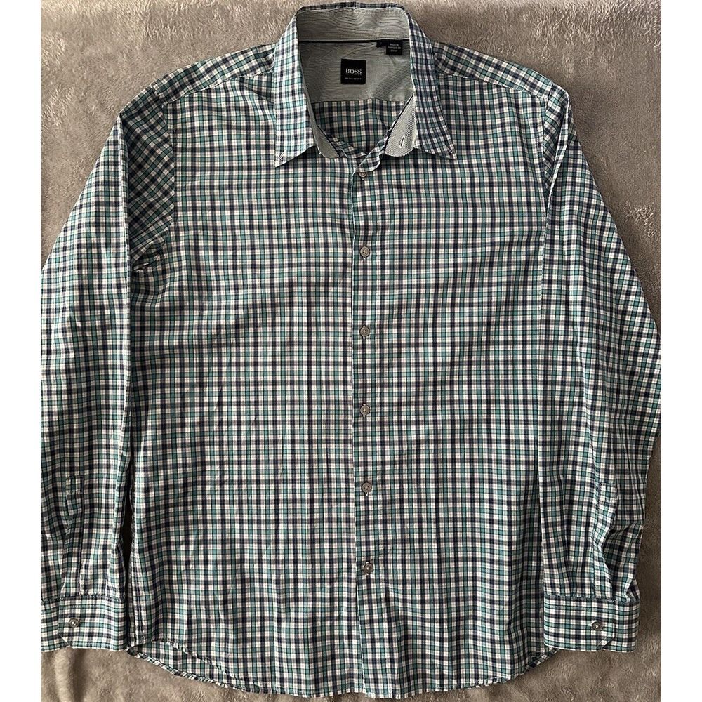 Hugo Boss‎ Button Down Shirt Large Green Plaid Regular-Fit Stretch